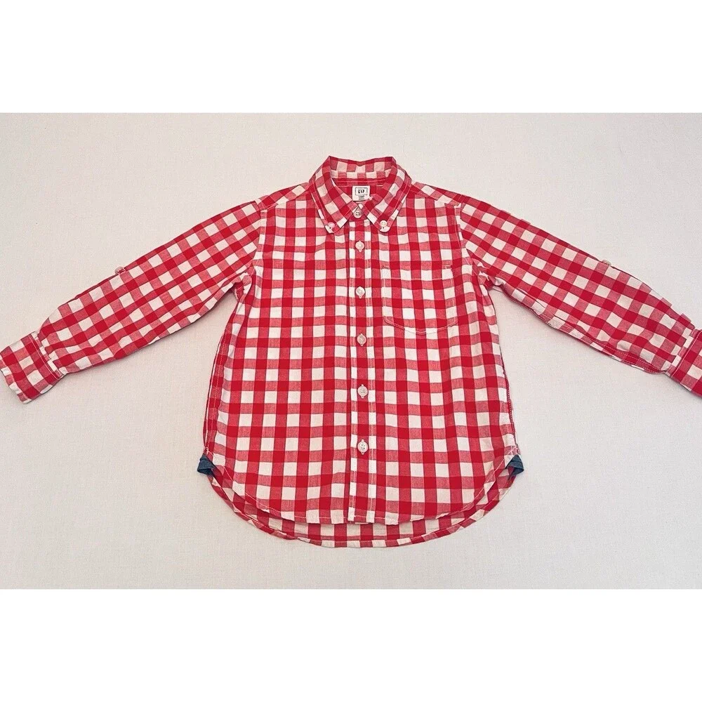 Gap Toddler Boys 4T Red White Gingham Button Down Shirt Roll Tab Sleeves Cotton
